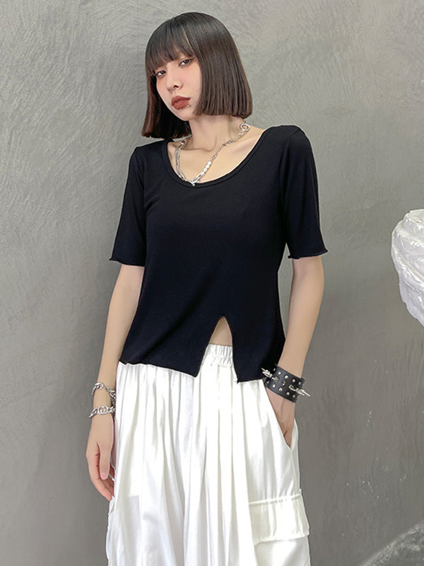 Casual Solid Color Split-Side Short Sleeves U-Neck Shirts