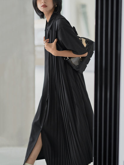 Stylish Split-Joint Pleated Belted Lapel A-Line Short Sleeves Midi Dress