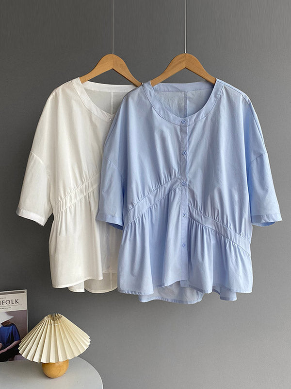 Stylish White&Blue Asymmetric High-Low Half Sleeves Blouses