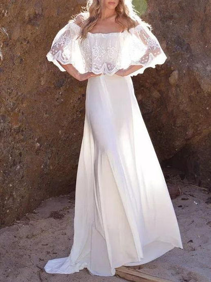 Split-joint Lacy Off-the-shoulder Maxi Dress