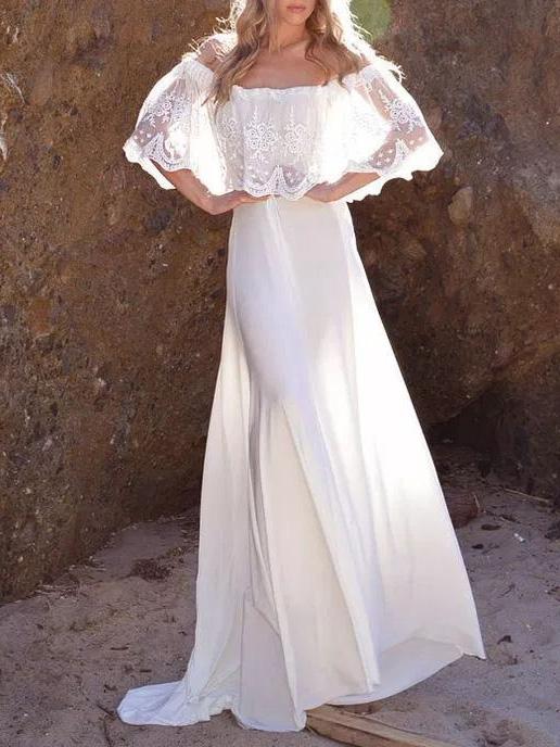 Split-joint Lacy Off-the-shoulder Maxi Dress