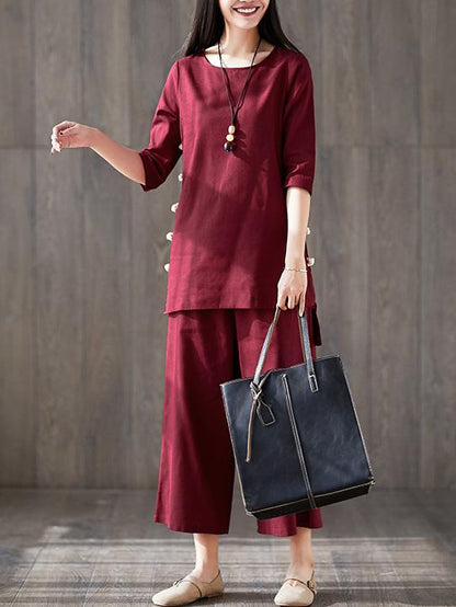 Solid Short Sleeves Shirt + Straight Leg Pants