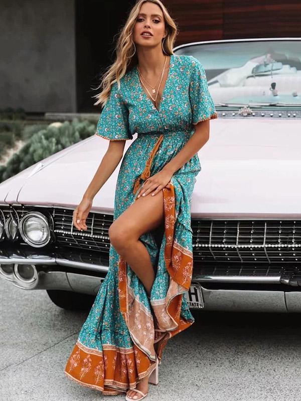 Printed V-neck Maxi Dresses