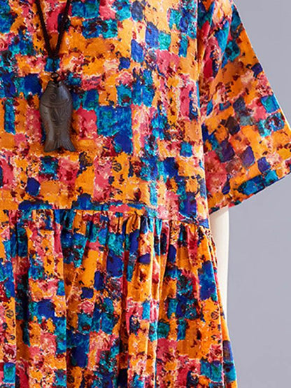 Plus Size Flower Print Round-neck Loose Long Dress