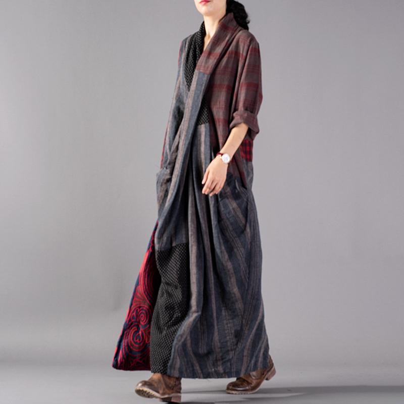 Buykud Stripe Plaid Dot Split Hem Retro Dress