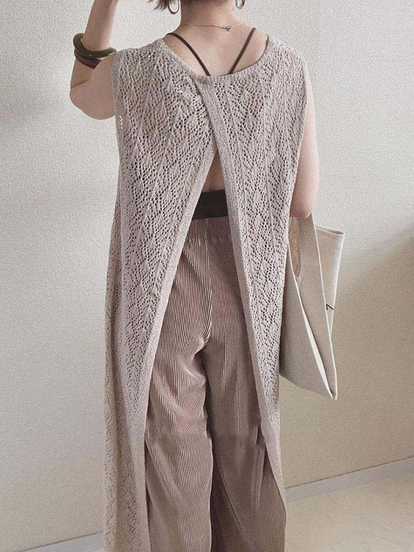 Original Knitting Round-Neck Sleeveless Hollow Split-Back Dress