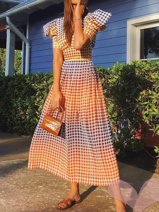 Fashion V-neck High Waist Puff Sleeve Maxi Dresses