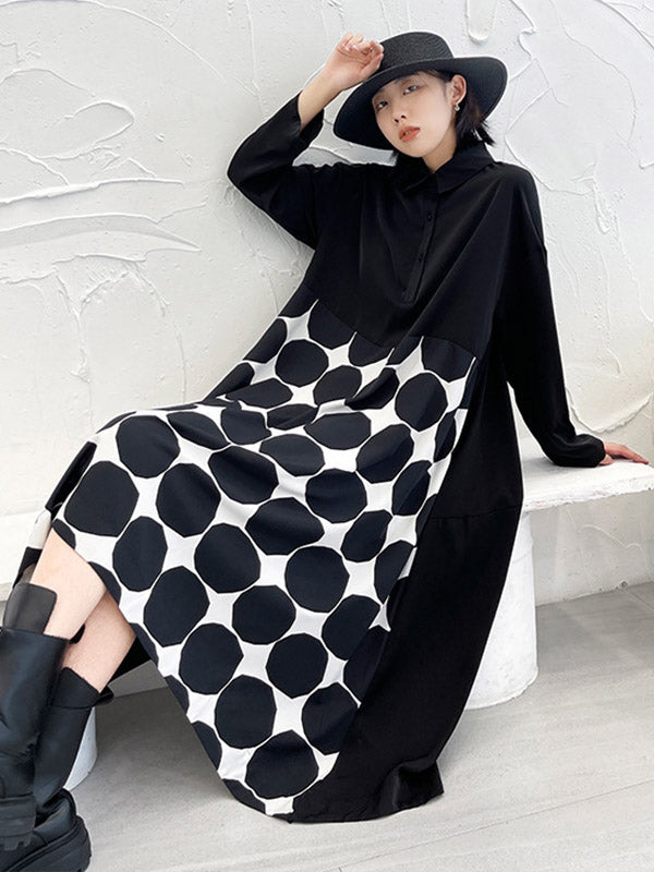 Stylish Irregular Polka-Dot Spit-Joint Buttoned Lapel Collar Long Sleeves A-Line Midi Shirt Dress
