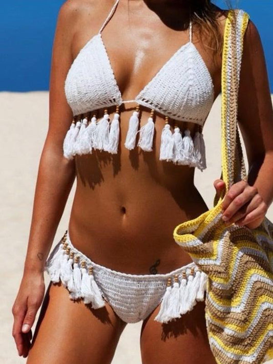 Sexy Halterneck Knitting Tassels Two-Pieces Bikini Swimwear