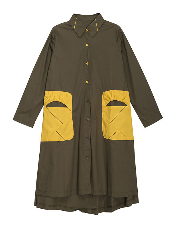 Casual Split-Joint Buttoned Lapel Collar Long Sleeves Midi Shirt Dress