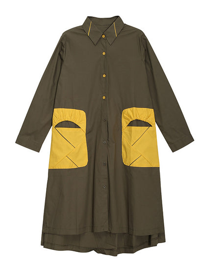 Casual Split-Joint Buttoned Lapel Collar Long Sleeves Midi Shirt Dress