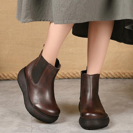 Buykud Pure Color Leather Stitching Retro Boots