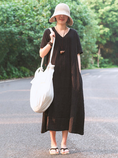 Simple Ramie Cotton V-Neck Short Sleeve Midi Dress
