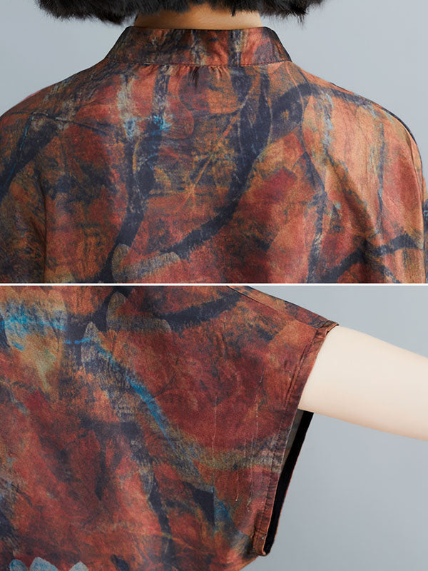 Vintage Loose Printed Stand Collar Batwing Sleeves Maxi Dress