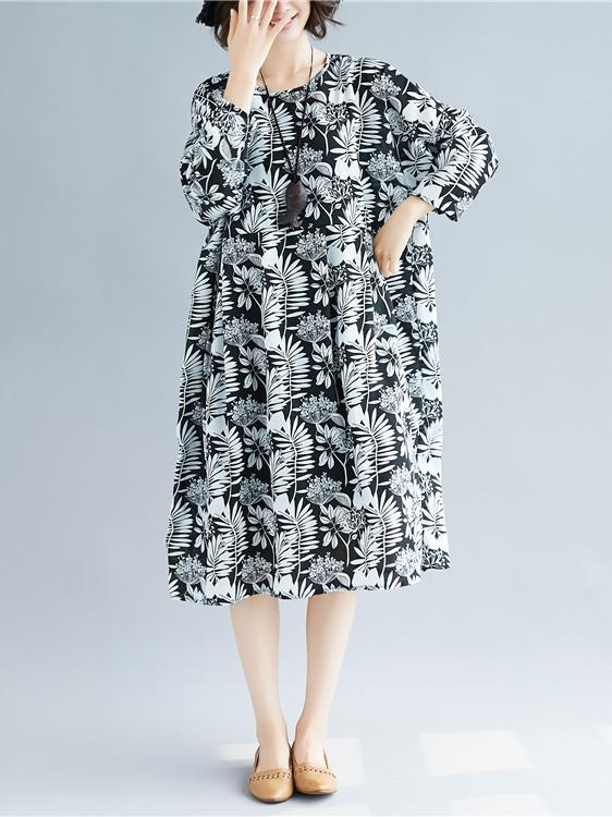 Loose Chiffon Plants Print Round-neck Long Dress+Black Jumper Skirt