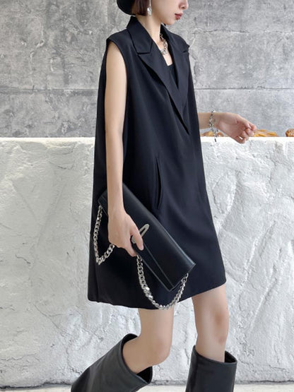 Urban Solid Color Split-Joint Notched Collar Sleeveless Mini Blazer Dress