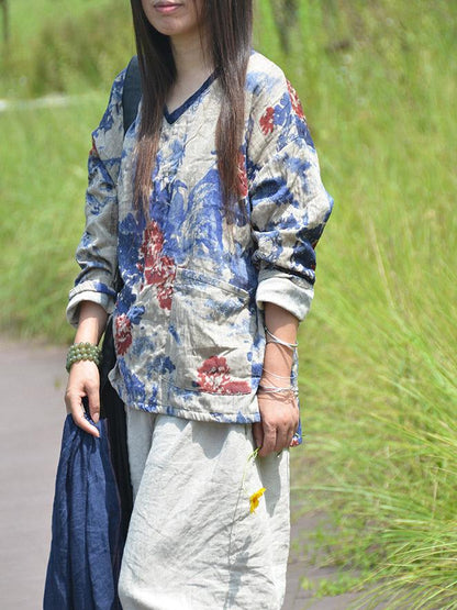 Loose Double Cotton V-neck Blouses