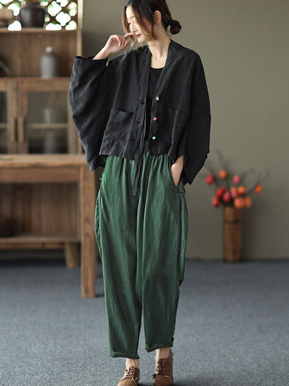 Casual V-Neck Linen Batwing Sleeves Outerwear