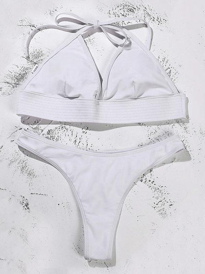 Solid Color Triangles Bandage Split Bikini Swimsuit