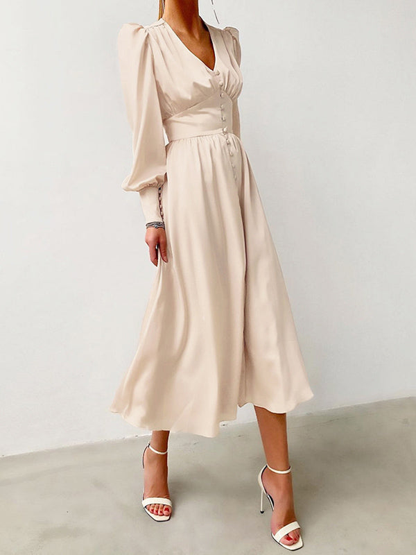 Urban Buttoned Split-Front High Waisted Puff Sleeve A-Line Midi Dress
