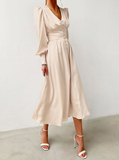 Urban Buttoned Split-Front High Waisted Puff Sleeve A-Line Midi Dress