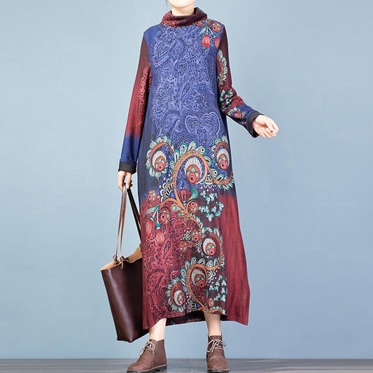 Buykud Printed Flocking Fashion Turtleneck Elegant Dress
