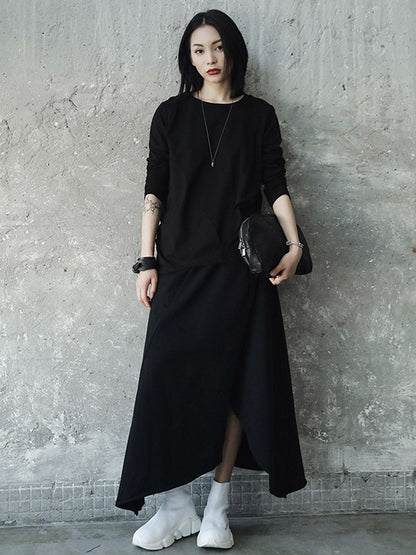 Casual Solid Color Pleated Long Sleeves Round-Neck T-Shirt Tops