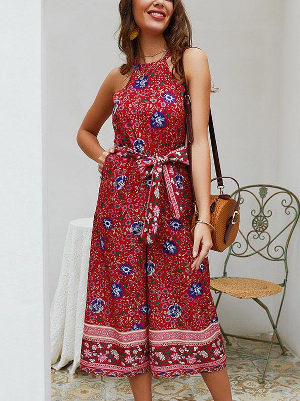 Vacation Printed Bandage Jumpsuits