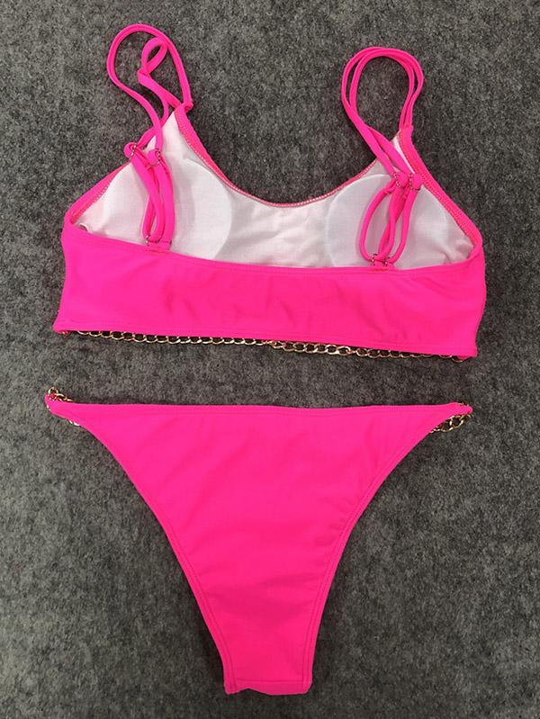 Solid Color Chain Split Bikini Swimsuit