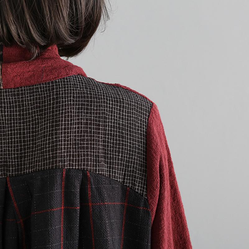 Buykud Cross Splicing Plaid Lacing Retro Casual Dress