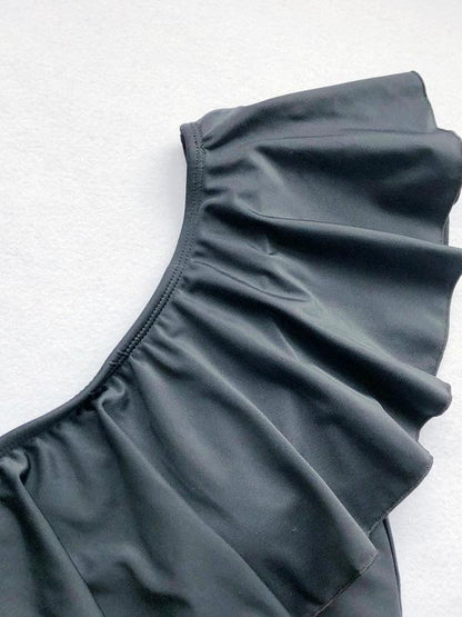 Falbala Single Shoulder Black One Piece Swimsuit