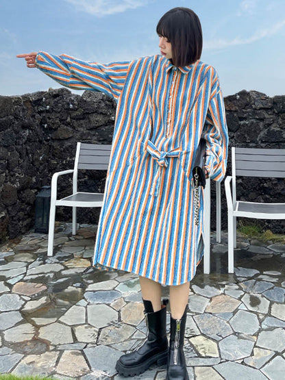 Original Stylish Striped Contrast Color Tied Buttoned Split-Side Lapel Collar Long Sleeves Midi Shirt Dress