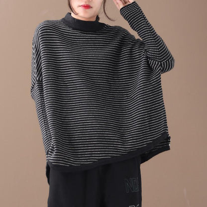 Buykud Loose Literary Half-high Collar Striped Knitted Shirt