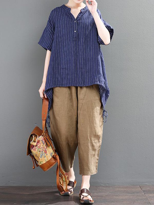 Loose Striped T-shirt + Solid Casual Pants Suits