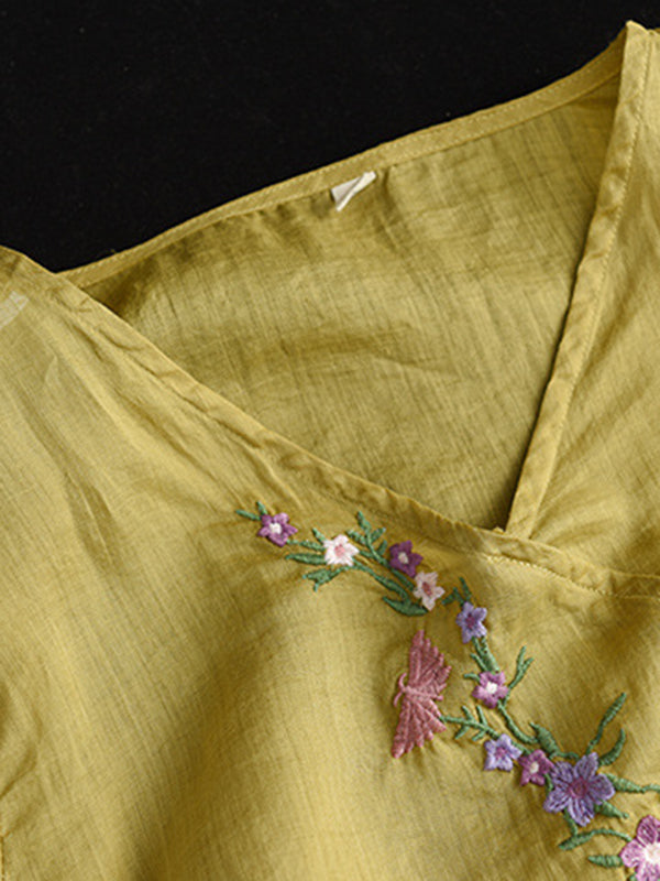 Vintage Artistic Retro Ramie Cotton Embroidered T-Shirt Top