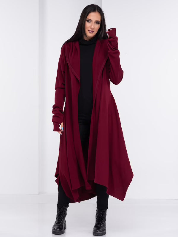 Simple Loose Coffee&Burgundy Split-Side Long Sleeves Hooded Outerwear