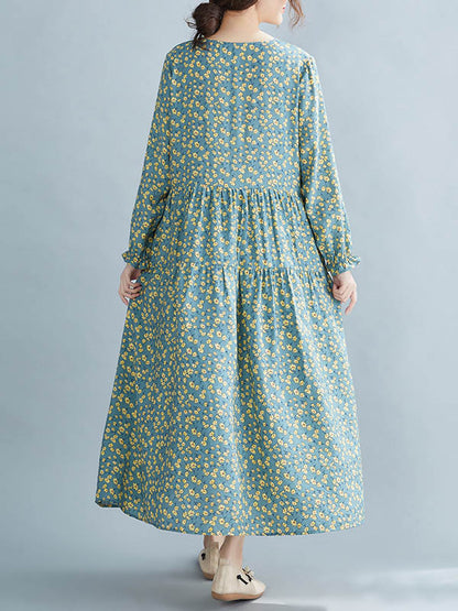 Artistic Retro Floral Printed Pleated Round-Neck Long Sleeves Midi Dress