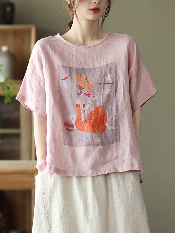 Ramie Cotton Printing Round-Neck T-Shirts Tops