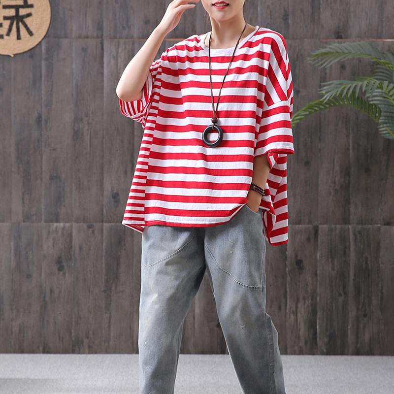 Cotton Striped Round Neck Casual Blouse