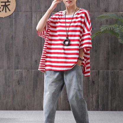 Cotton Striped Round Neck Casual Blouse
