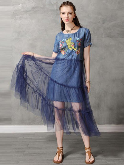 Mesh Split-joint Embroidered Midi Dress