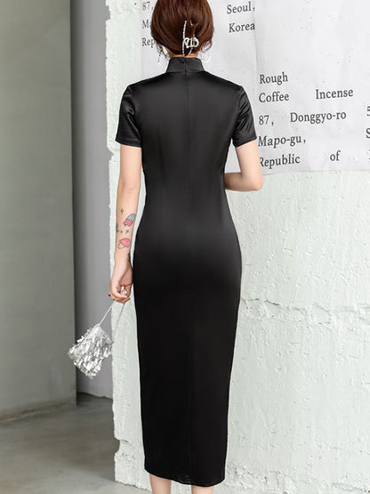Original Dragon Embroidered Stand Collar Short Sleeves Long Cheongsams
