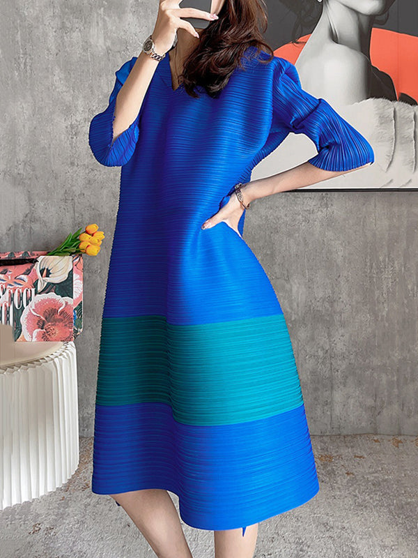 Fashion Irregular Contrast Color Pleated Drawstring Midi Dress