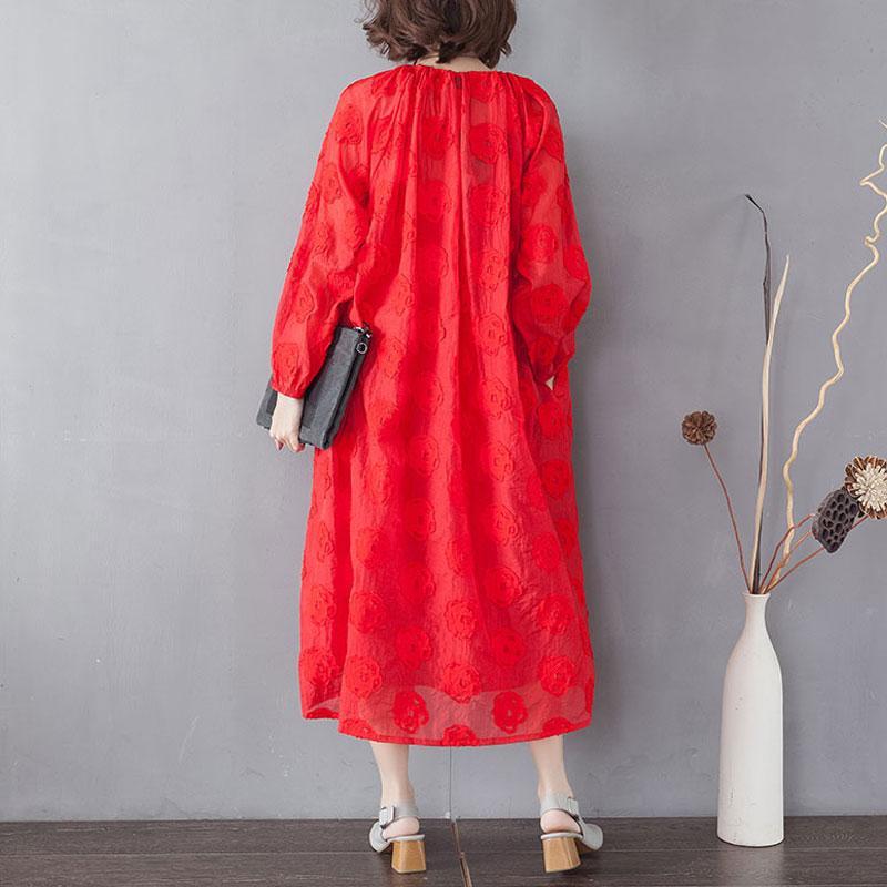 Embroidery Long Sleeve Lacing Single Breasted Red Dress