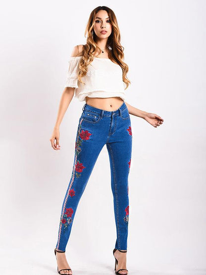 Embroidered Elastic Jeans Pants Bottoms