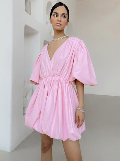 Simple Solid Color Pleated V-Neck Bishop Sleeves  Mini Dress