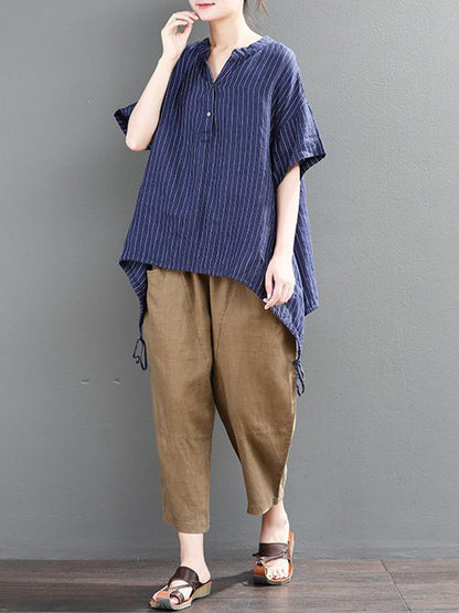 Loose Striped T-shirt + Solid Casual Pants Suits