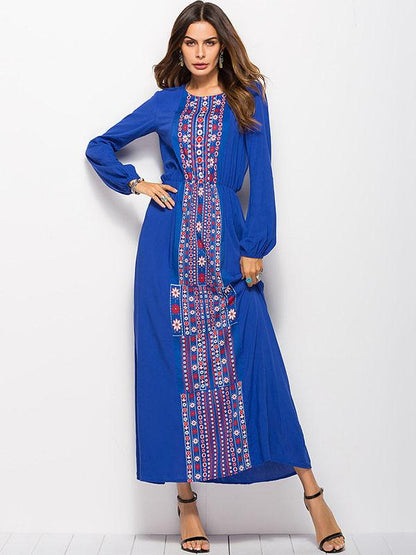 Round-neck Long Sleeves Printed Maxi Dress