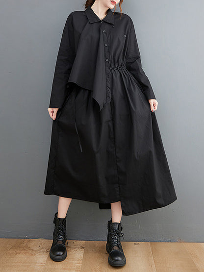 Artistic Retro Irregular Split-Joint Plaid Pleated Buttoned Elasticity Waist Lapel Collar Long Sleeves Midi Shirt Dress