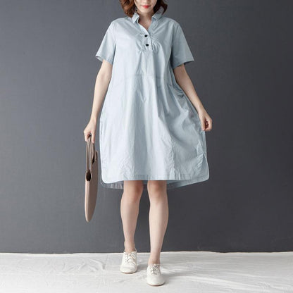 Casual Polo Collar Short Sleeve Knee Length Blue Dress
